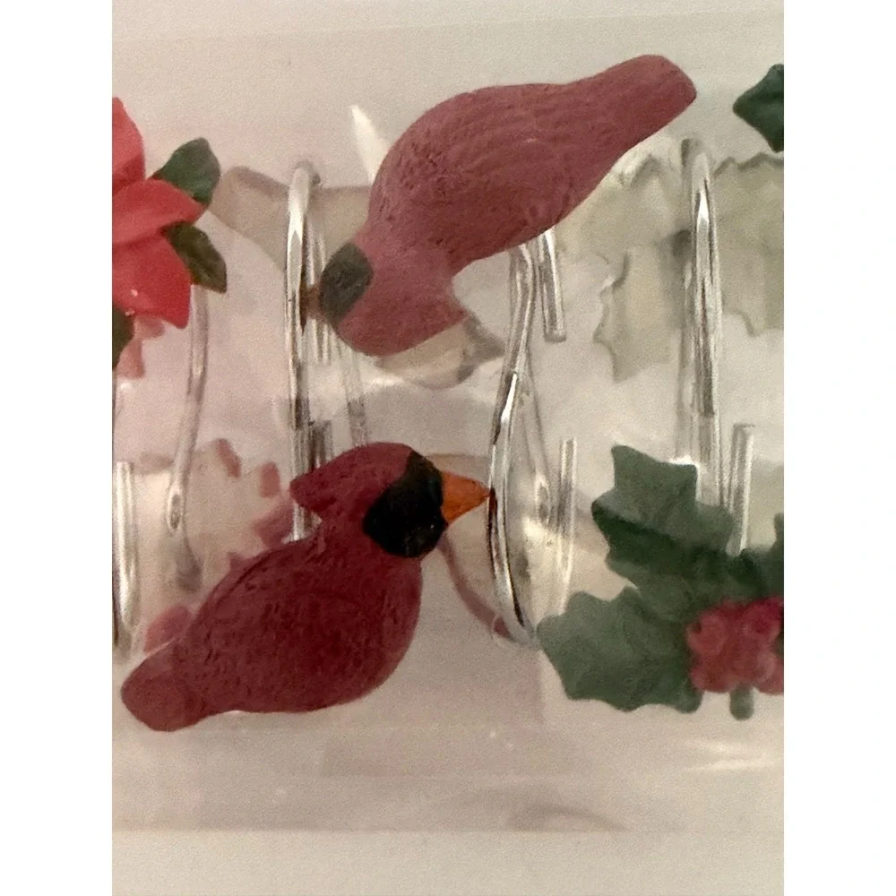 Christmas Shower Curtain Hooks Set 12 Cardinal Poinsettia Holly New in Box